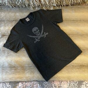 Vintage JOLLY RODGER Short Sleeve Crew Neck PIRATE Skull Swords Gray S Loose Fit